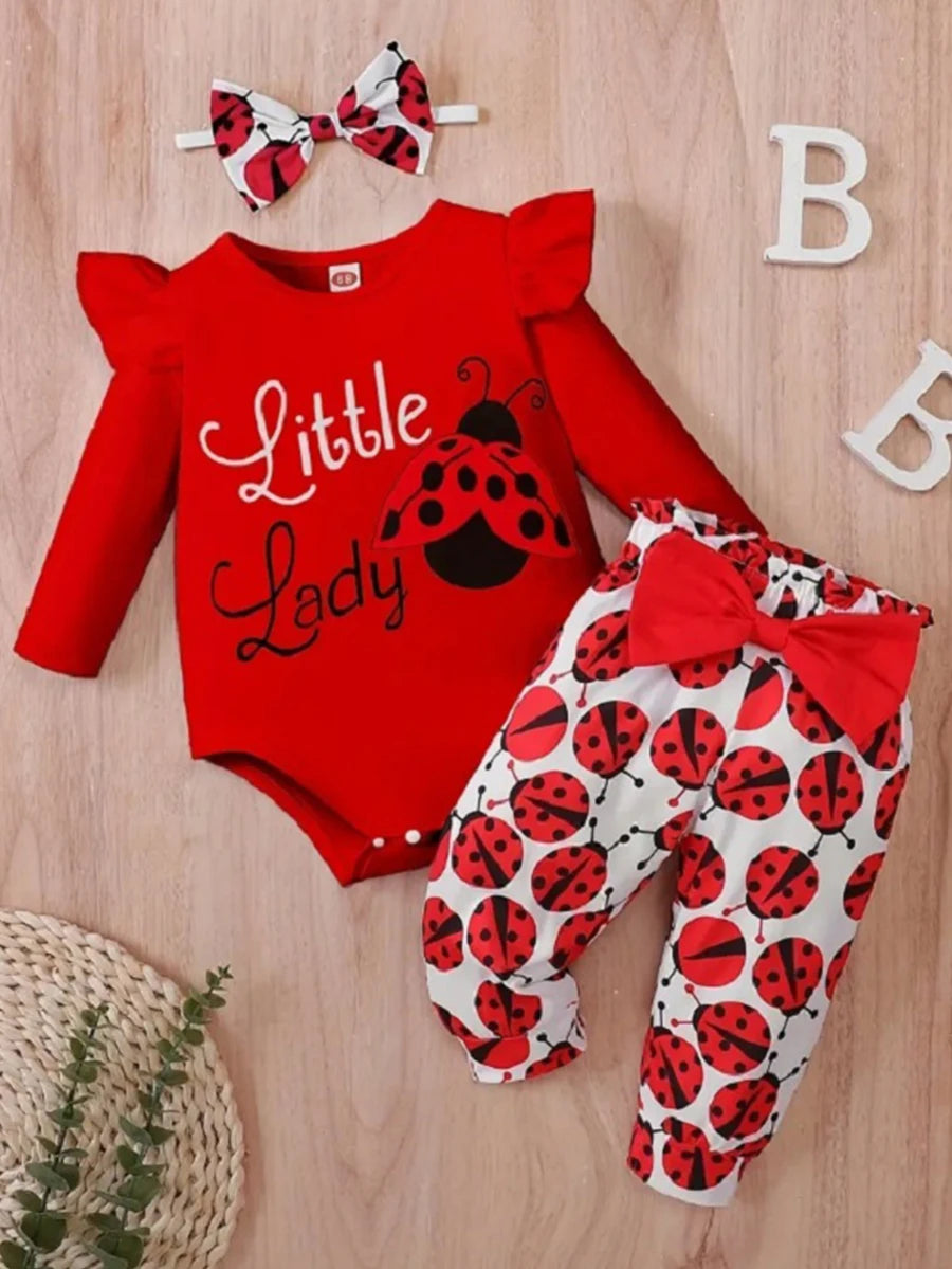 3-28M Baby Girl Fashion Clothes Infant Long Sleeve Cartoon Ladybird Bodysuit +Pant Set+Headband 3PCS.
