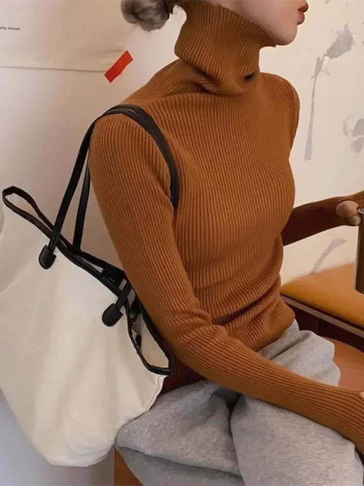 Neue Herbst Winter Grundlegende Gestrickte Tops Frauen Rollkragen Pullover Casual Pullover Koreanische Mode Einfache Mit Daumen Löcher Chic Kleidung