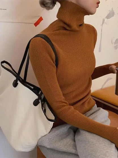 Neue Herbst Winter Grundlegende Gestrickte Tops Frauen Rollkragen Pullover Casual Pullover Koreanische Mode Einfache Mit Daumen Löcher Chic Kleidung