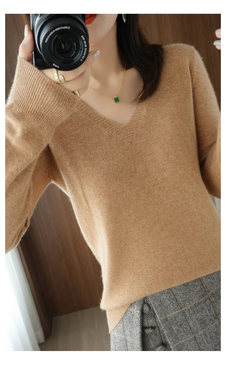 Neue Kaschmir frauen V-ausschnitt Pullover Spitze Neck Aushöhlen Design Beiläufige Gestrickte Lange Hülse frauen Pullover Herbst Und winter