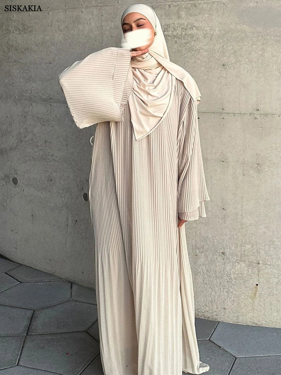 Siskakia Ramadan-Muslim Solid Wrinkle Dresses For Women's Dubai  Moroccan Petal Sleeve Abayas O-Neck Elegant Kebaya 2024.