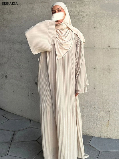 Siskakia Ramadan-Muslim Solid Wrinkle Dresses For Women's Dubai  Moroccan Petal Sleeve Abayas O-Neck Elegant Kebaya 2024.