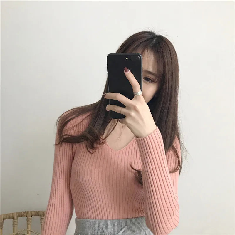 Koreanische Herbst V-ausschnitt Pullover Gestrickte Mode Pullover 2025, Schlank Winter Tops Für Frauen Pullover Jumper Pull Femme Truien Dames