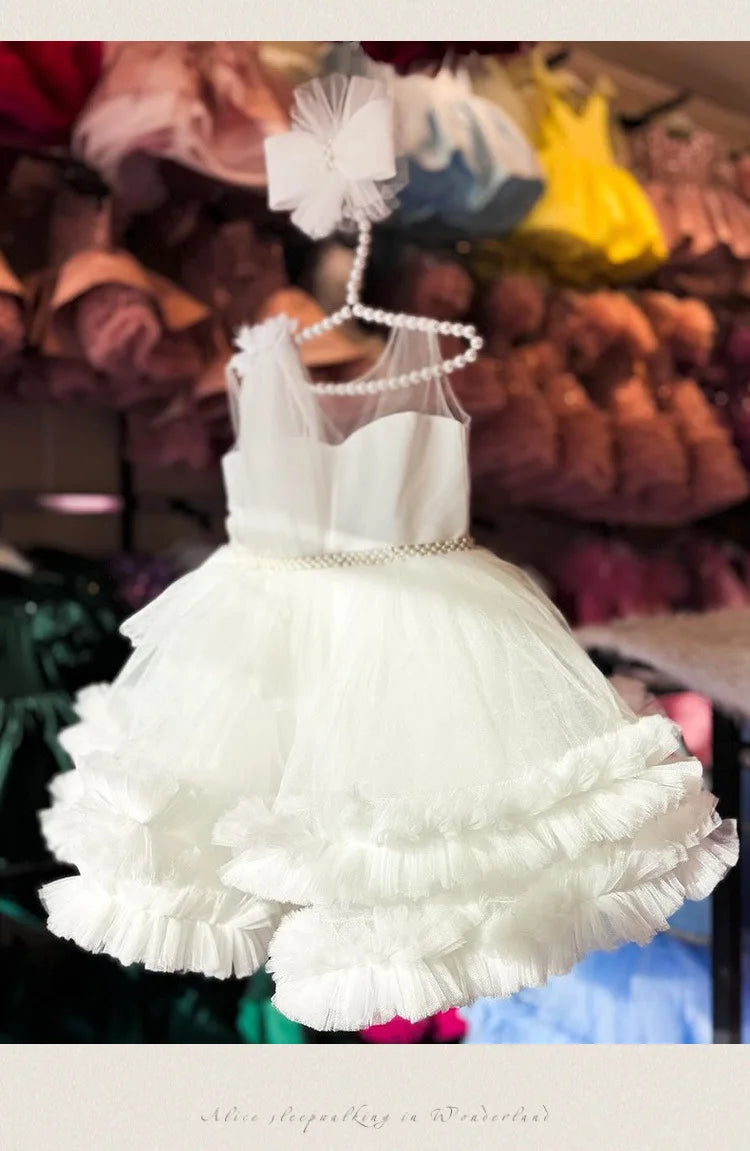 Formales Kleid für Kinder2025Neues weißes ärmelloses Prinzessinnenkleid im europäischen und amerikanischen Stil für Performance-Kostüme für kleine Mädchen.