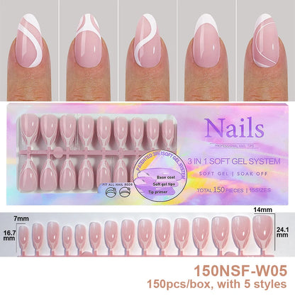 150Pcs/Box Acrylic Press on Nails Full Cover Fake False Tips Soft Gel Extension T-shaped Oval Capsule Almond Sculpted Salon DIY