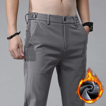 Korean Men's Warm Golf Pants Slim Straight Winter Thick Fleece Casual Pants Business Fashion Stretch Thermal Trousers Male.