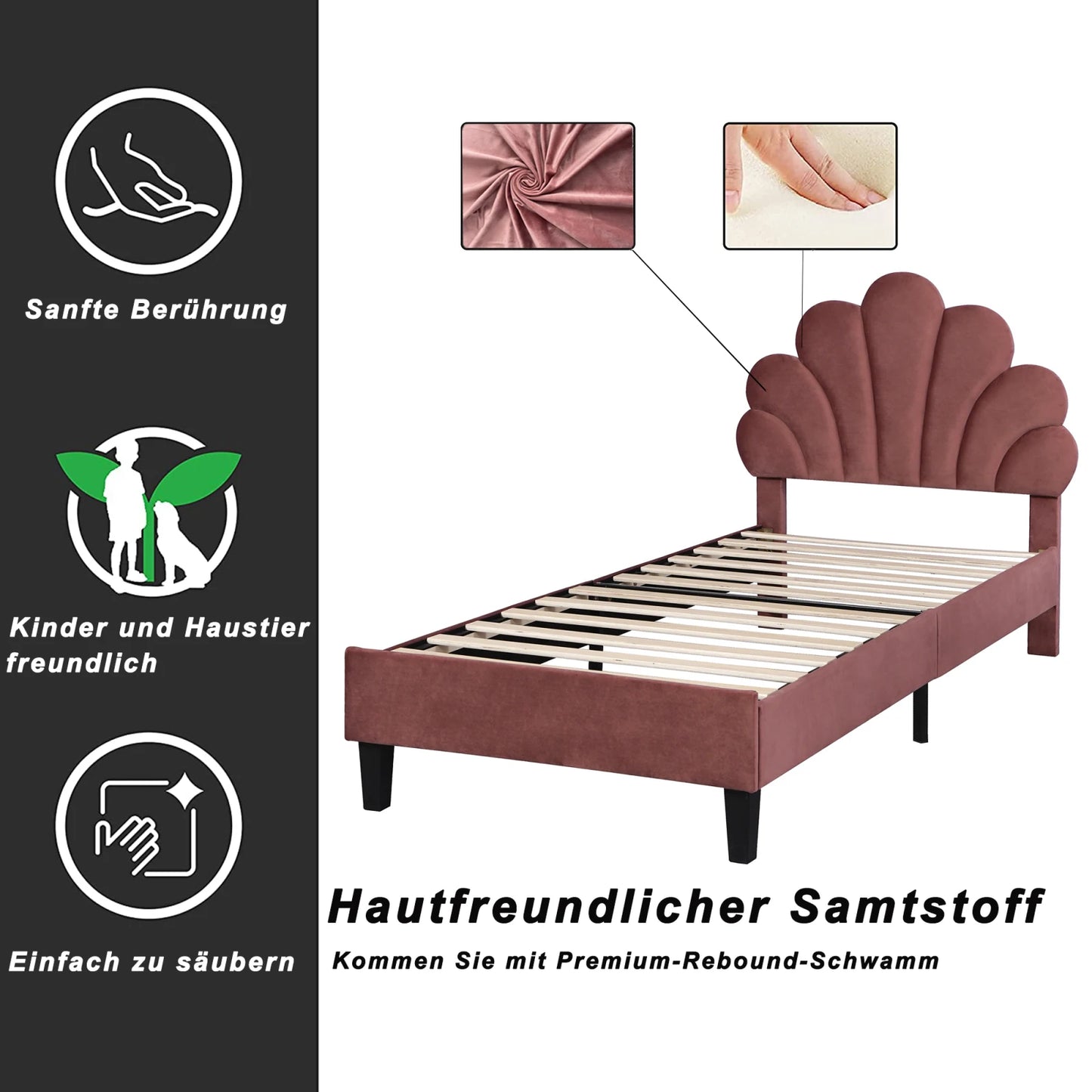 Rosahqnda Kinderbett Einzelbett Polsterbett 90x200cm Blumenkopfteil und Lattenrost aus Stoff für Mädchen ohne Matratze