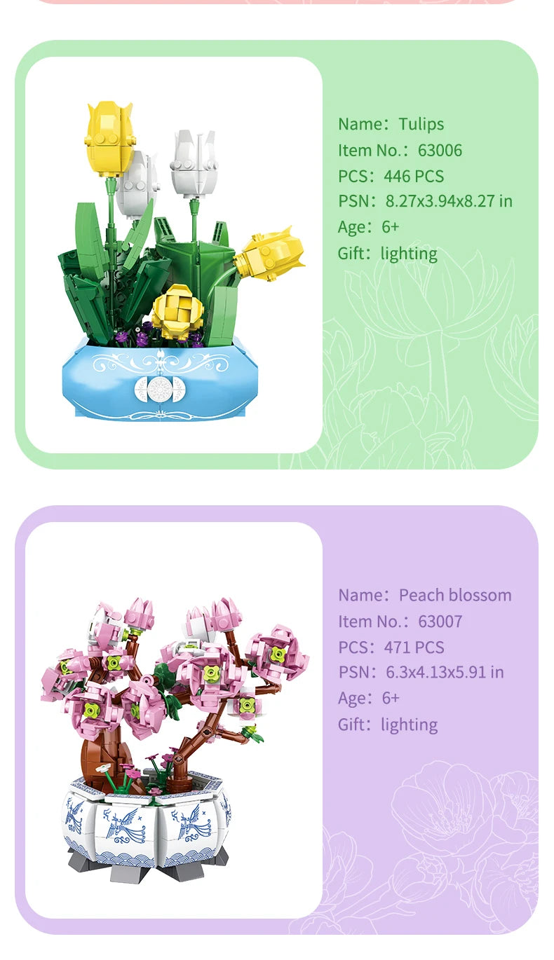 Small Bricks Flower Tree Building Block Kit DIY Home decoration Potted Plant Flower Botanical Construction Toy Girl Gift.