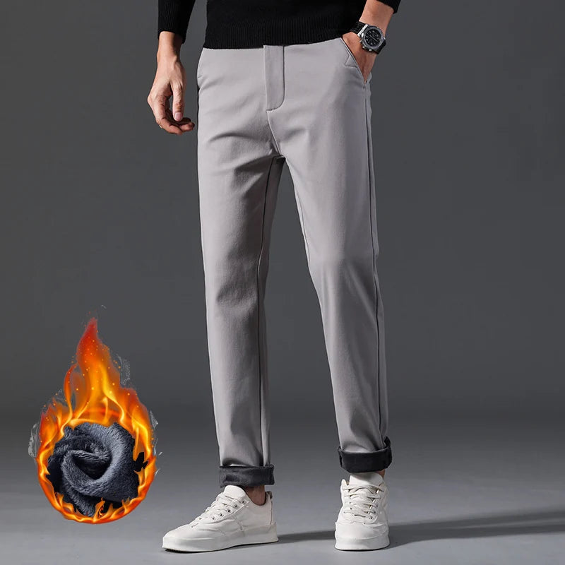 Winter Casual Men Classic Style Business Warm Plush Trousers Regular Thick Fur Pants Male Fleece Elastic Straight Formal Pants.