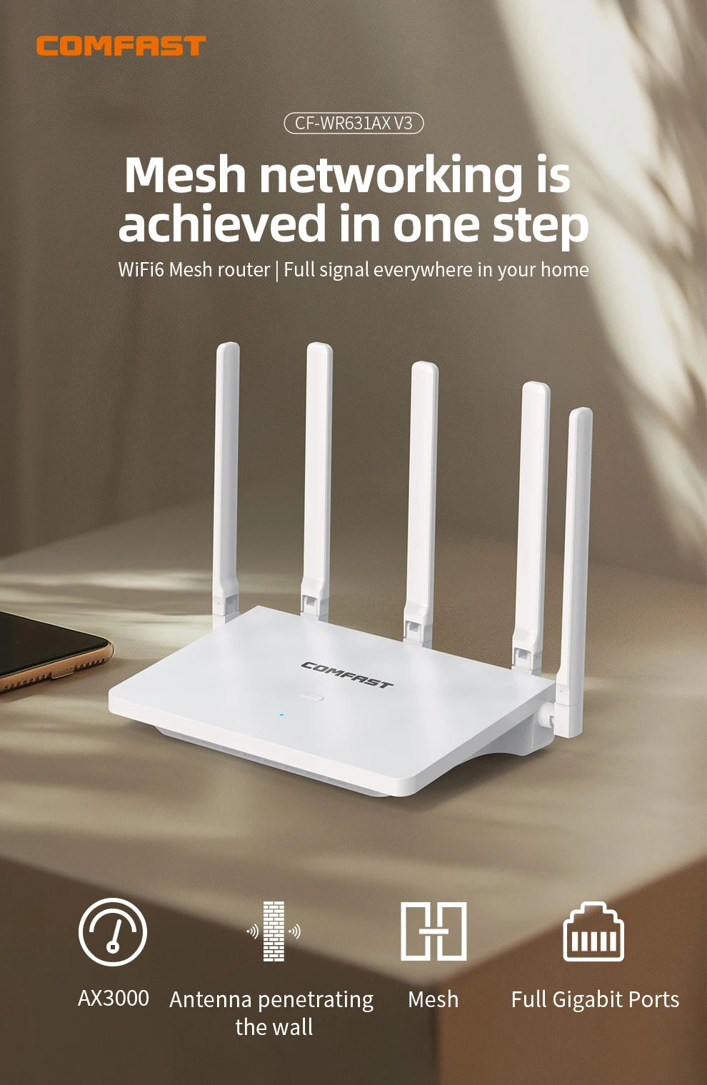 Comfast 3000Mbps Wifi6 Mesh System Wireless Router Dual Band WI-FI 6 Mesh Router Wide signal Range Wifi Range Extender.