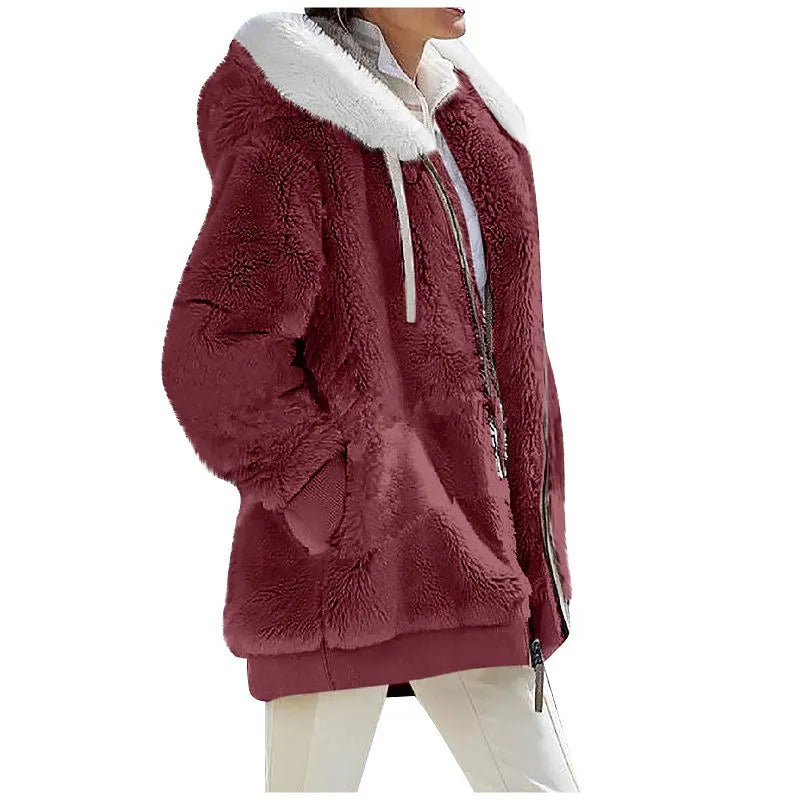 Herbst Winter Mode Damen mantel neue lässige Kapuze Reiß verschluss Dame Kleidung Kaschmir weibliche Fleece jacke einfarbige Damen mäntel