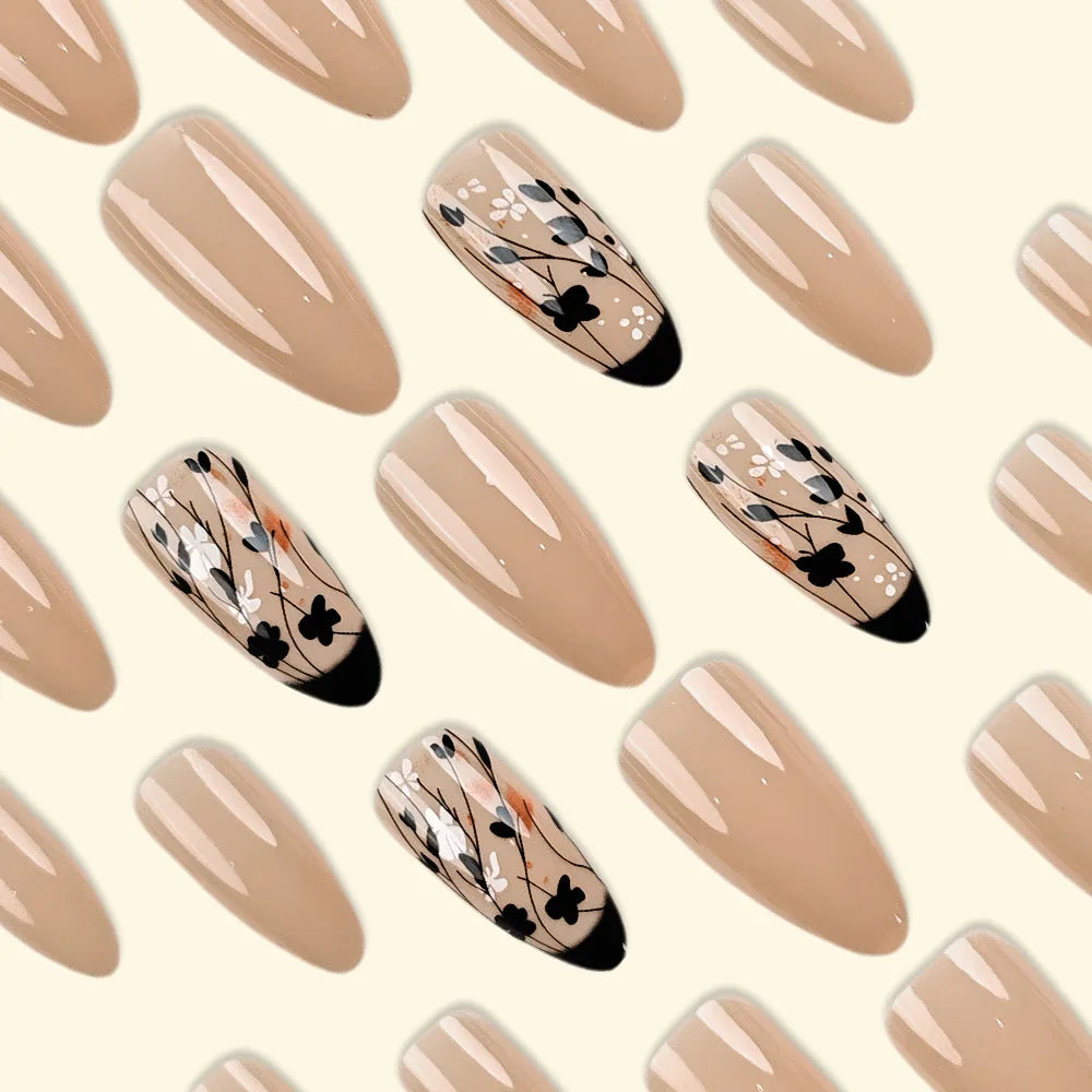 24pcs/set Medium long square fake nails for women girls cute heart flowers feather butterfly design press on false nail art tips.