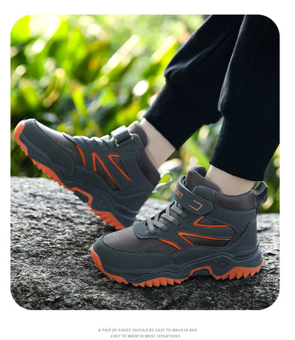 New Boys' Sports Shoes Non-slip School Children's Leather Breathable Running Black Fashion Hiking Shoes Sneaker Size 29-40