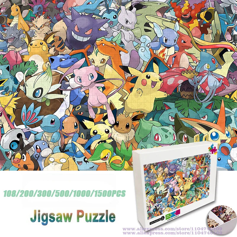 Cartoon Pokemon Pikachu Puzzle Jigsaw Diy Toys 108/200/300/500/1000/1500Pcs Intelligence Educational Puzzles for Kids& Adults.