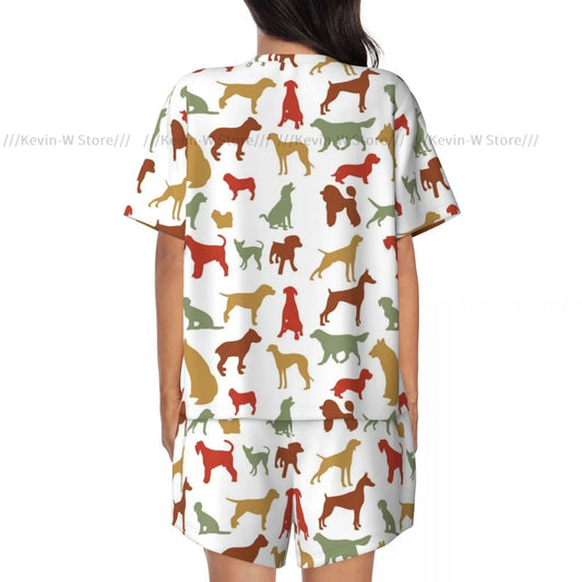 Zweiteiliges Damen-Pyjama-Set mit Rundhalsausschnitt und kurzen Ärmeln. Dog Breed, lässiges Pyjama-Set für zu Hause