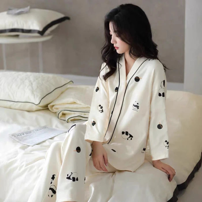 Herbst Winter Pyjamas Set für Frauen Kawaii Druck Nachtwäsche Anzug für Mädchen Mode Restlong Ärmel V-Ausschnitt Frau Pyjamas Set.