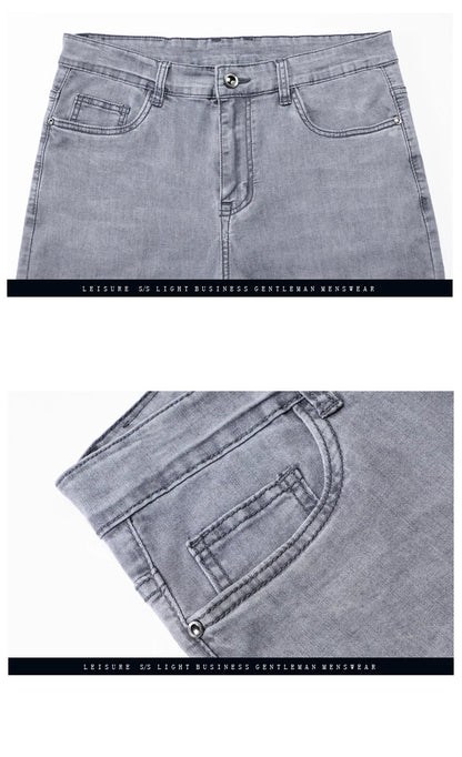 Brand Men's Fashion Summer Thin Jeans Comfortable Stretch Cotton Business Straight Casual Denim Pants Light Gray Blue Pants