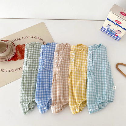 2024 Sommer Baby kleidung Plaid Kleinkind Jungen Mädchen Bodysuit ärmel los einteiliges Kleinkind Outfit