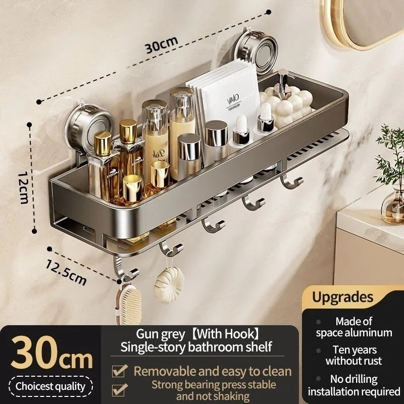 Kein Bohren, Saugnapf, selbstklebendes Badezimmerregal, Badezimmerregal, Toilette, Aluminium-Hängeregal, Badezimmer-Organizer, zum Aufhängen an der Wand