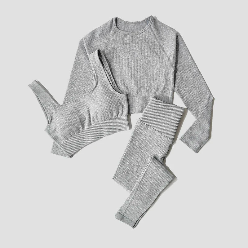 Women's Sportswear Yoga Set Workout Clothes Athletic Wear Sports Gym Legging Seamless Fitness Bra Crop Top Long Sleeve Yoga Suit
