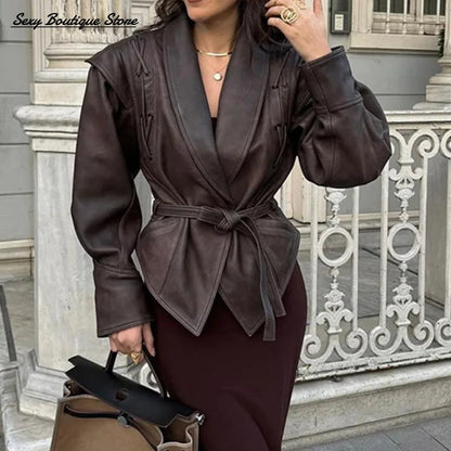 Women Vintage Brown Leather Jacket Lapel Padded Shoulder High Waist Leather Coat With Belt 2025 Lady Autumn Fashion Short Coats.