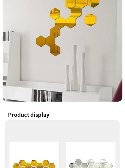 12PCS/Lot Removable Geometric Mirror Wall Stickers - Solid Hexagonal Shape, DIY with Built-in Adhesive for Home Decoration.
