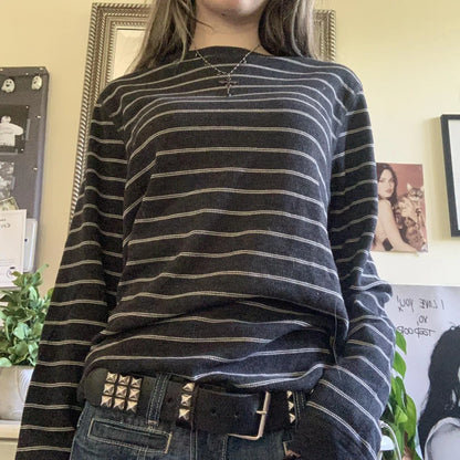 Y2k Teen Striped Long Sleeve T-Shirts Fairy Grunge Print Baggy Tops Vintage Harajuku 2000s E-Girl Shirts Vintage Streetwear.