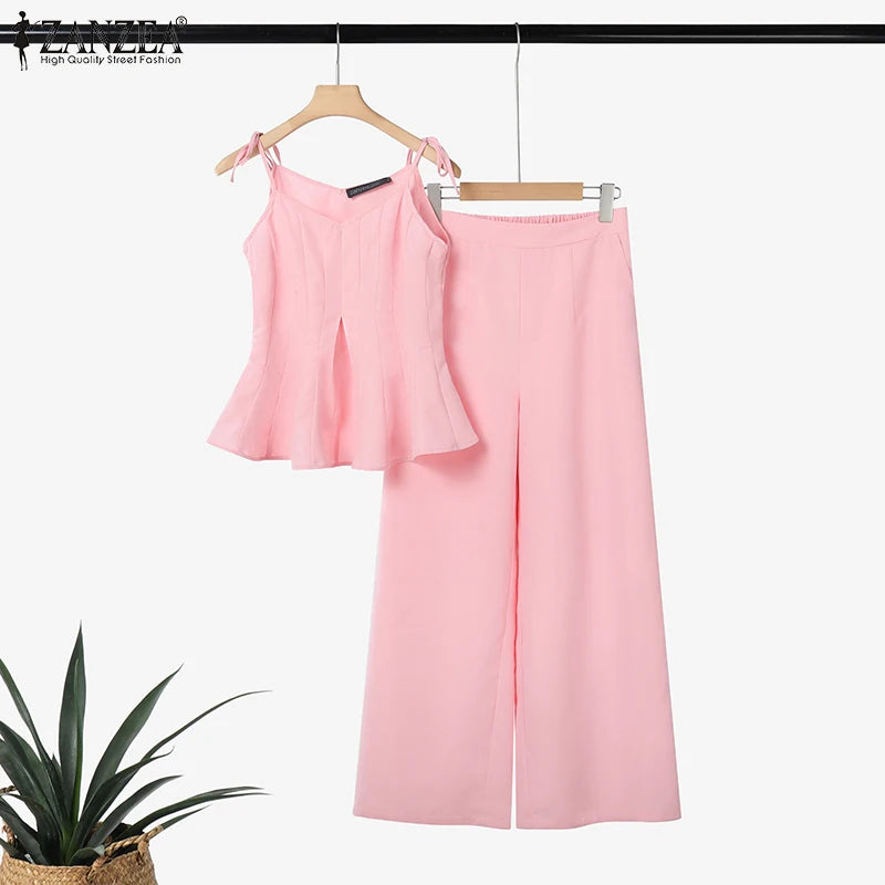 ZANZEA Women Stylish 2 Pieces Pant Sets Spaghetti Straps V-Neck Ruffled Camisole Tops & Wide Leg Pants 2pcs Suits Woman Outfits.