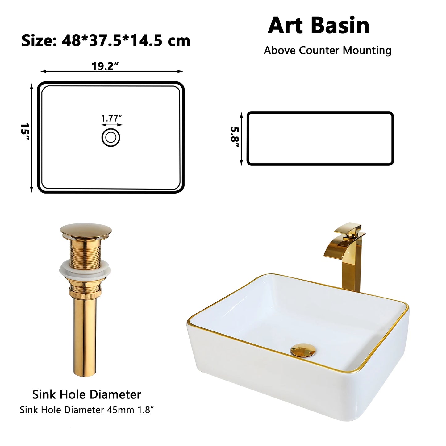 JIENI Keramik-Badezimmer-Waschbecken-Set, quadratisch, Porzellan, Arbeitsplatte, Waschbecken, Wasserhahn, Pop-Up-Abfluss, kombiniertes modernes Waschbecken-Set