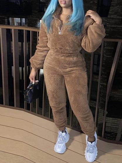 Mode Lässig Einfarbig Plüsch frauen Anzug Herbst Winter Neue Ultra Kurze Jacke Schlank Warme Sport Hosen Mädchen 2-teiliges Set