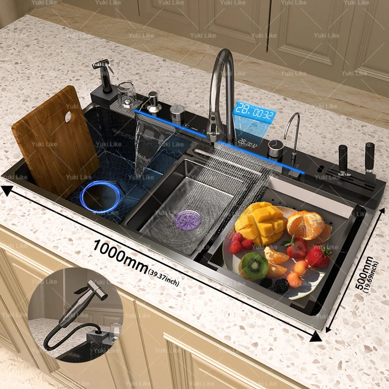 Stainless Steel Waterfall Kitchen Sink Extra Large Single Slot Multifunctional Sinks Digital Display Dishwashing Basin