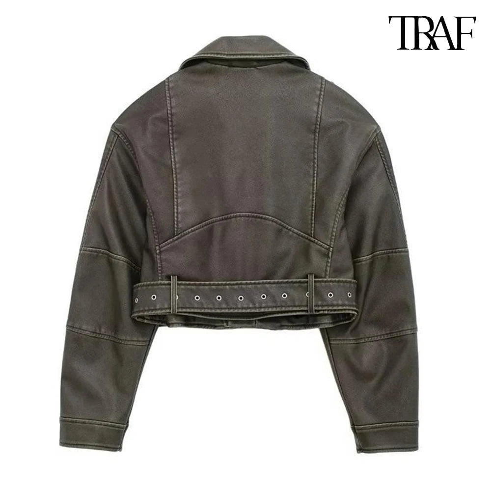 TRAF Damen Vintage lose Lederjacke Gürtel Schulter Abzeichen Zip Revers Jacke Handsome Washed Leder Motorrad Kleidung