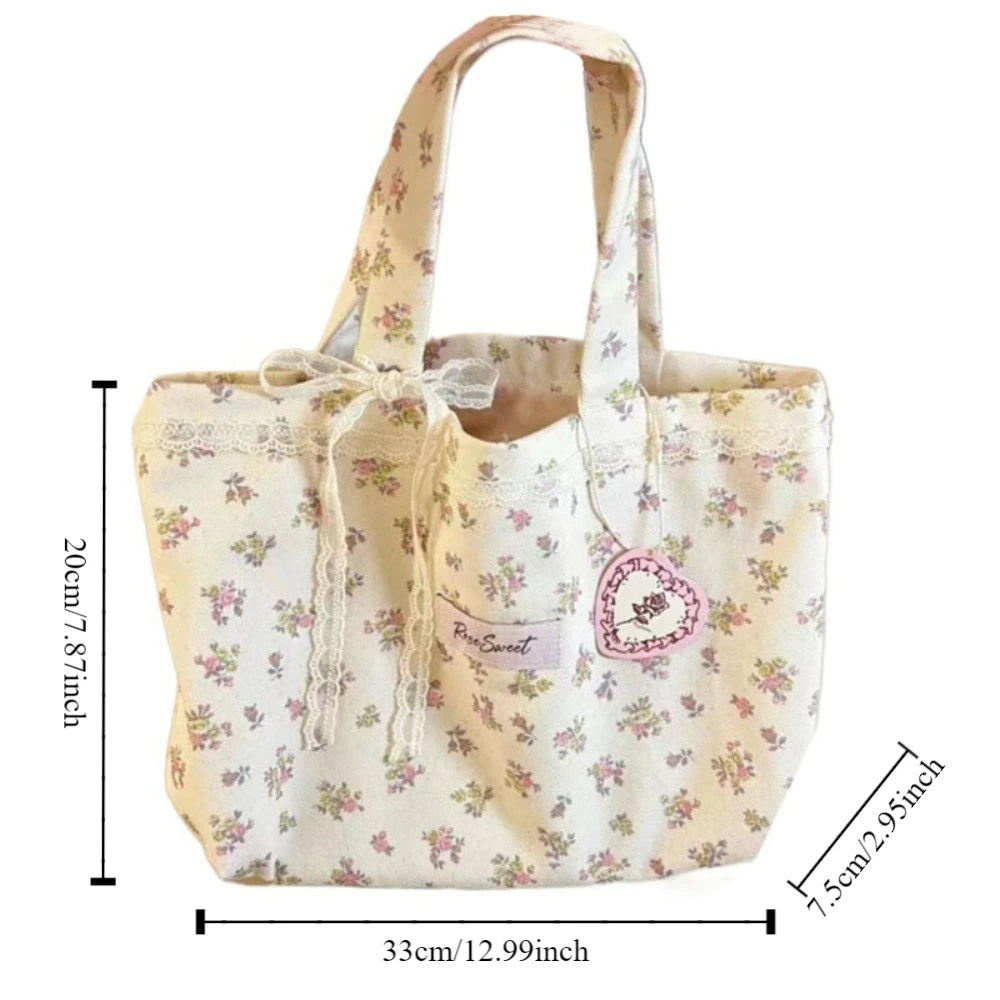 Large Capacity Printed Tote Bag Fashion Sweet with Lace Bow Storage Handbags Canvas Handbag.