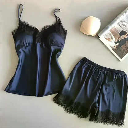 Frauen Eis Seide Pyjama Anzüge Mode V-ausschnitt Spitze Stretch Satin Nahtlose Sexy Dessous Homewear Pyjamas Shorts Set Nachtwäsche Neue.