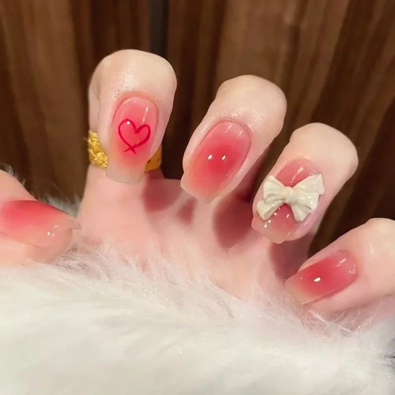 Blush Pink False Nails Bowknot Diamond Pearl 3D Design Press on Nail Tips with Harmless Smooth Edge Nails Woman DIY Fake Nails