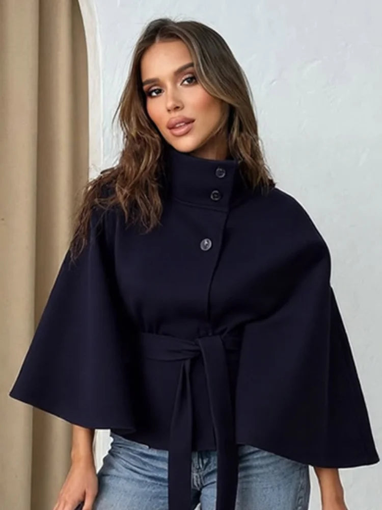 Mode Stehen Kragen Frauen Mantel mit Gürtel Casual Langarm Weibliche Lose Jacken Elegante Herbst Neue Feste Dame Oberbekleidung Straße.