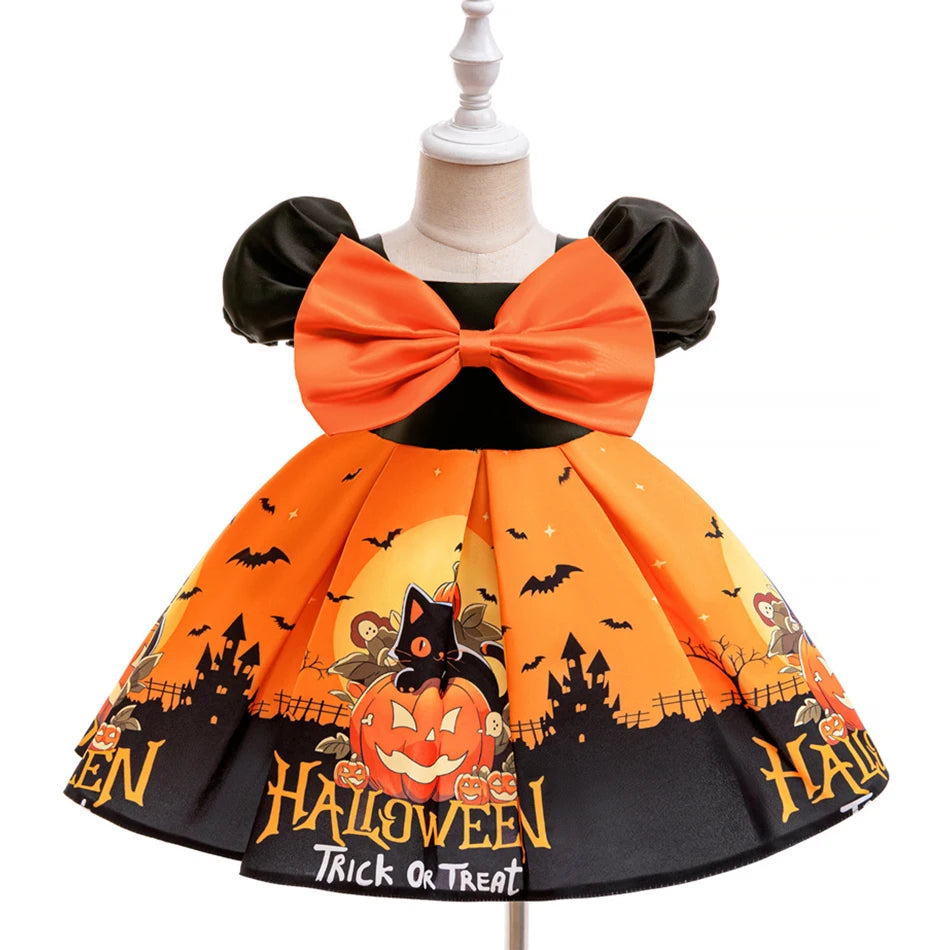 Kleinkind Halloween Kostüm Mädchen Cosplay Hexe Kürbis Skelett Druck Bowknot Kleid Kinder Festival Party Performance Kleidung
