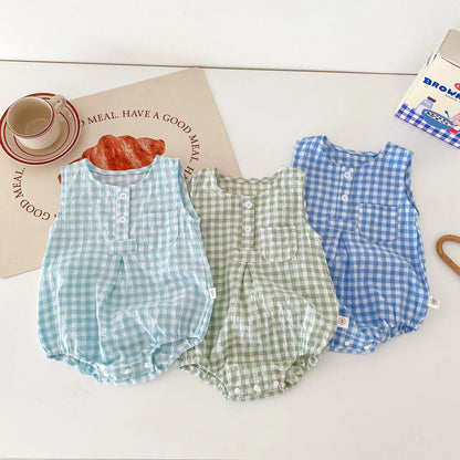 2024 Sommer Baby kleidung Plaid Kleinkind Jungen Mädchen Bodysuit ärmel los einteiliges Kleinkind Outfit