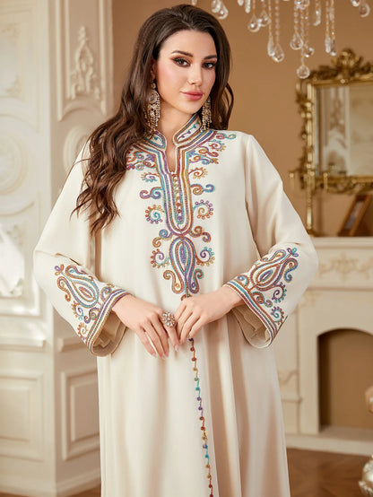 Dubai Muslim New Fashion Women's Embroidereid Long Sleeve V-neck Loose A-line Ankle Length Dresses Female Trendy Elegant Clothes.