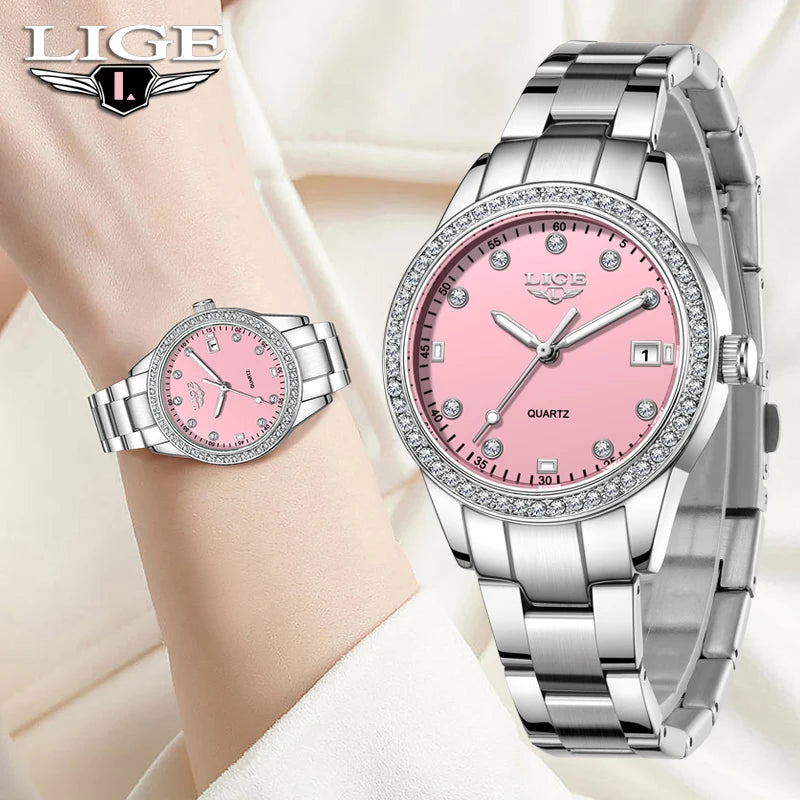 LIGE 2025 Diamond Women's Watch Fashion Elegant Quartz Wristwatches Waterproof Steel Strap Watch For Ladies Gifts Reloj Mujer.