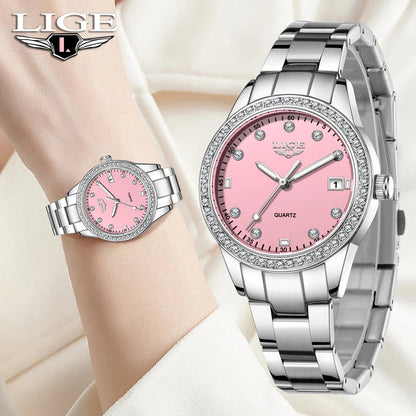 LIGE 2025 Diamond Women's Watch Fashion Elegant Quartz Wristwatches Waterproof Steel Strap Watch For Ladies Gifts Reloj Mujer.
