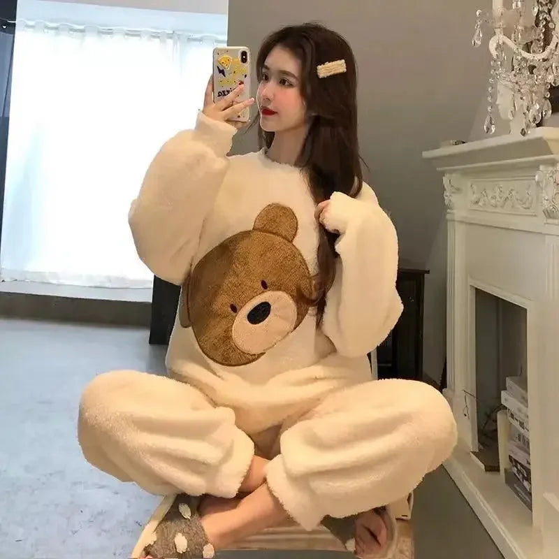 Thickened Warm Women Winter Two Pieces Set Flannel Homewear Pajamas O-Neck Loose Cute Cartoon Bear Ladies Sleepwear Loungewear.