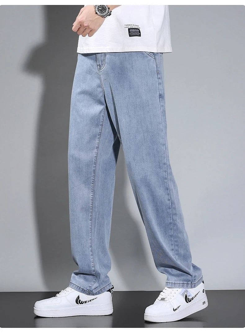 Summer Thin Men's Straight Loose Gray Jeans Soft Fabric Lyocell Fabric Light Colored Casual Pants Male Brand Trousers.