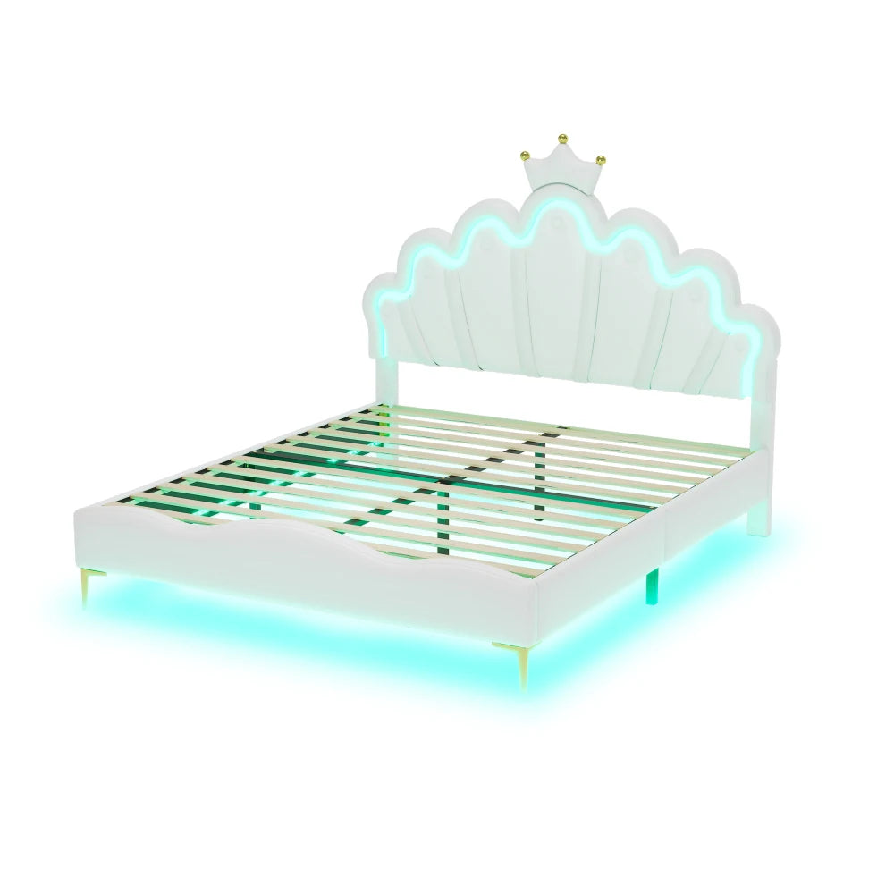 Polsterbett ohne Matratze, ferngesteuertes Umgebungslichtbett mit 2 Schubladen, kronenförmiges Prinzessinnenbett, verstellbarer Kopf, PU, Weiß