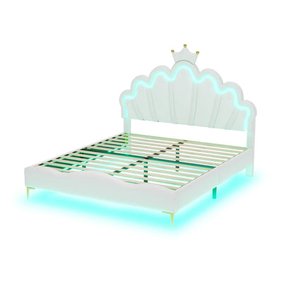 Polsterbett ohne Matratze, ferngesteuertes Umgebungslichtbett mit 2 Schubladen, kronenförmiges Prinzessinnenbett, verstellbarer Kopf, PU, Weiß