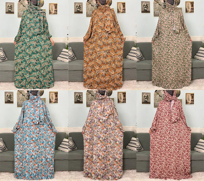 Muslim Cotton Abayas For Women Traditional Floral Ramadan Prayer Garment African Caftan Marocain Femme Robe Connected Headscarf.