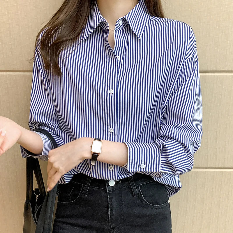 1pcs Woman Four Season Stripe Shirts Lady Casual Long Sleeve Turn-down Collar Loose Shirt Female Business Attire Korean Tops.