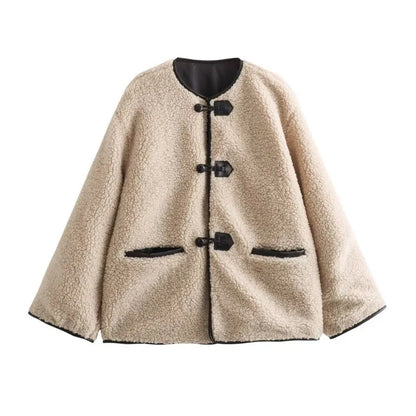 Women's Faux Wool Warm Loose Jacket Coat Retro Round Neck Single Breasted Double Pocket Casual Overcoat Winter Female Chic Coat