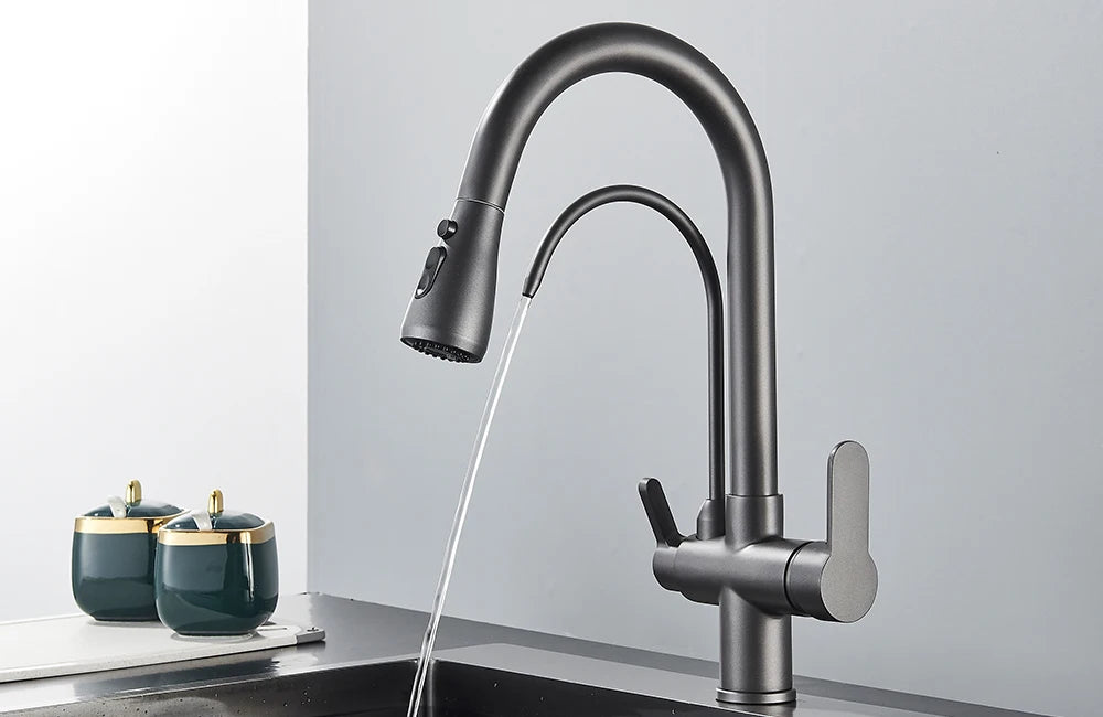 Quyanre Matte Black Filtered Crane For Kitchen Pull Out Spray 360 Rotation Water Filter Tap Three Ways Sink Mixer Kitchen Faucet