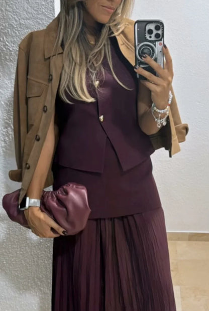 ETJ 2025 spring new  women's elegant fashion same color splicing small pleated hem high waist knit skirt.